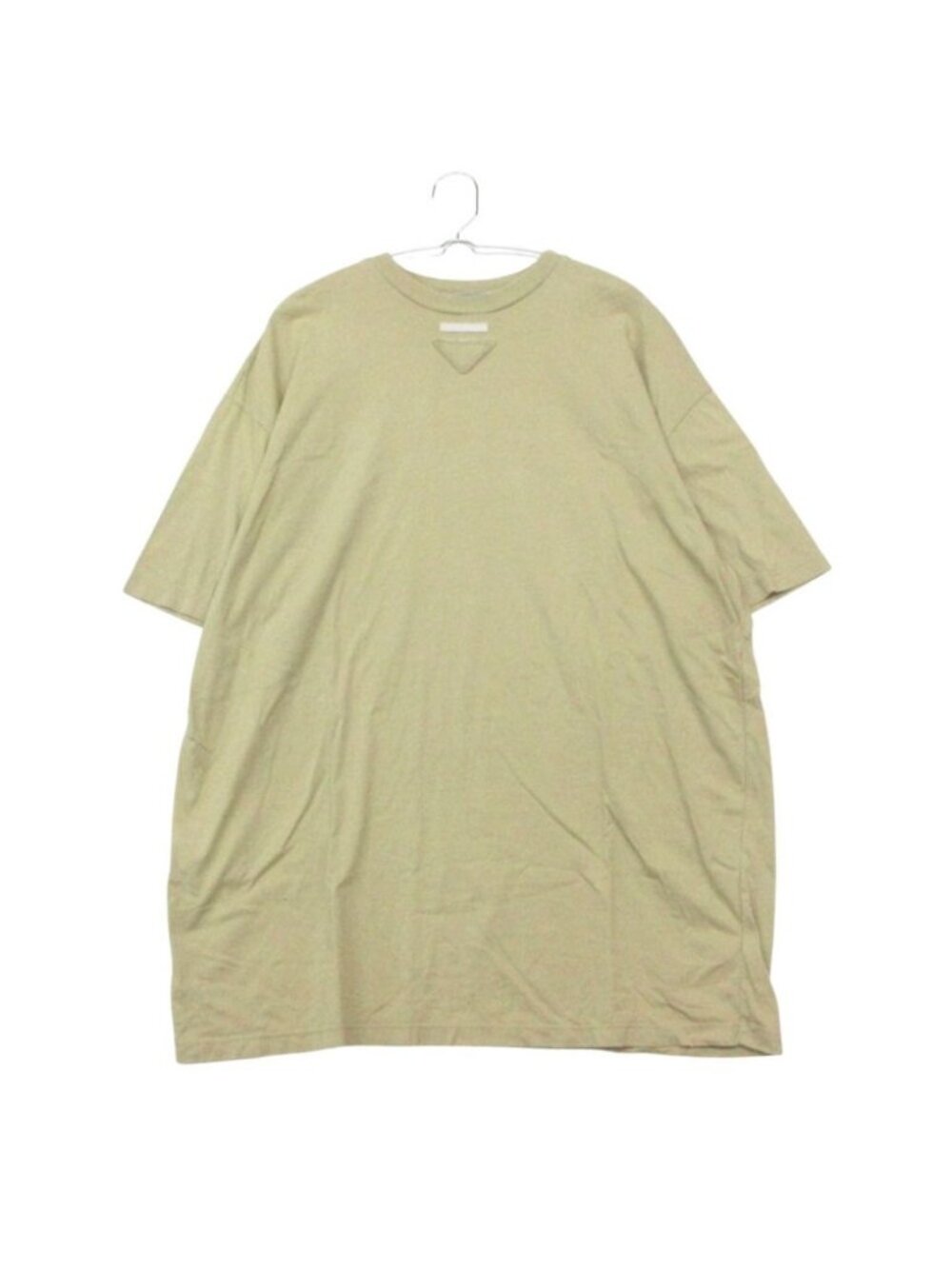 Prada Top Tunic Length Cotton Triangle Logo Patch Crew Neck Distressed Beige